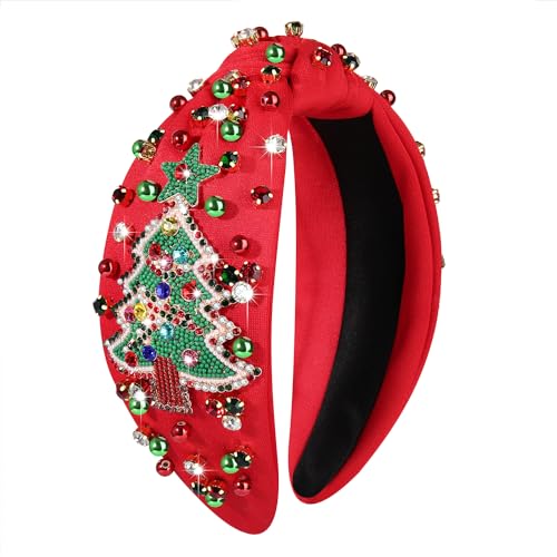 MOLOCH Christmas Headband for Women Beaded Christmas Tree Knotted Headband Red Green Jeweled Crystal Xmas Hairband Headwear Xmas Decorations Hair Accessories Gifts - Image 1