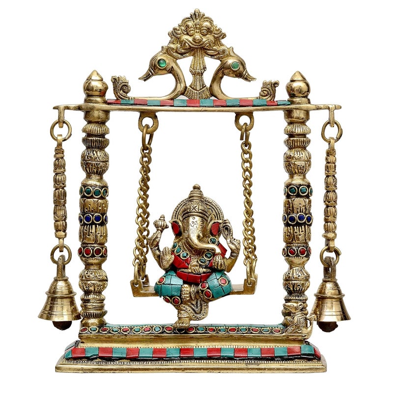 Dattatreya Ganesha Playing On Swing Brass Statue Height 10 Inches - Image 1