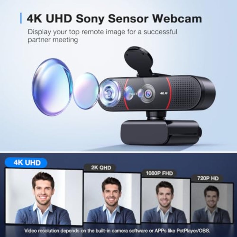 4K UHD CMOS webcam for PC video conferencing, black aluminum, PDAF auto focus and auto light correction - Image 2