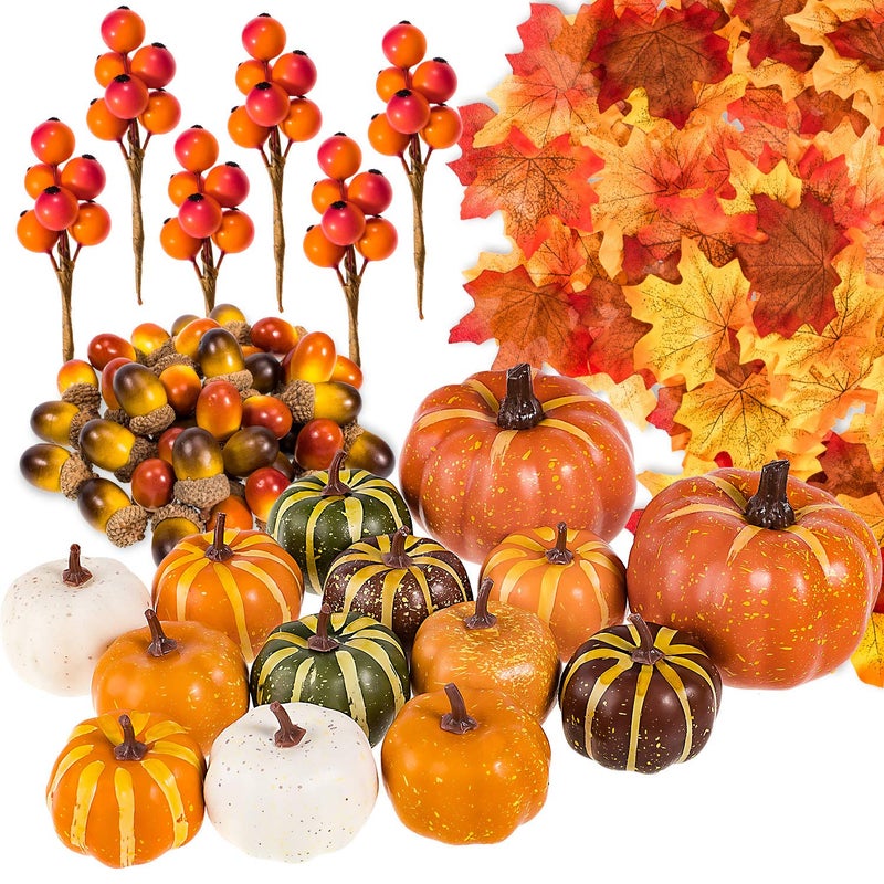 Whaline 160 Pcs Fall Decorations for Home Autumn Artificial Maple Leaves Harvest Pumpkins Gourds Acorns and Orange Berry Stems Set for Thanksgiving Halloween Home Table Decoration Party Backdrop - Image 1