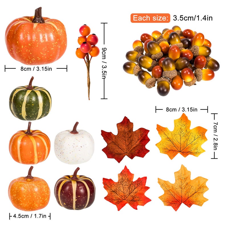 Whaline 160 Pcs Fall Decorations for Home Autumn Artificial Maple Leaves Harvest Pumpkins Gourds Acorns and Orange Berry Stems Set for Thanksgiving Halloween Home Table Decoration Party Backdrop - Image 2