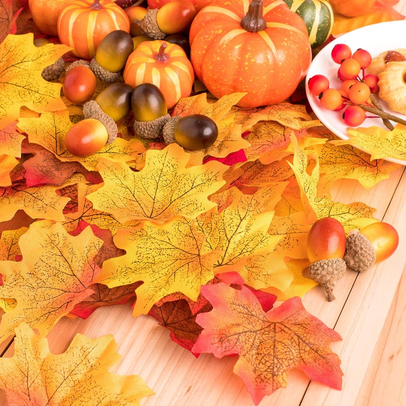 Whaline 160 Pcs Fall Decorations for Home Autumn Artificial Maple Leaves Harvest Pumpkins Gourds Acorns and Orange Berry Stems Set for Thanksgiving Halloween Home Table Decoration Party Backdrop - Image 5