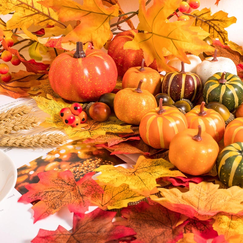 Whaline 160 Pcs Fall Decorations for Home Autumn Artificial Maple Leaves Harvest Pumpkins Gourds Acorns and Orange Berry Stems Set for Thanksgiving Halloween Home Table Decoration Party Backdrop - Image 4
