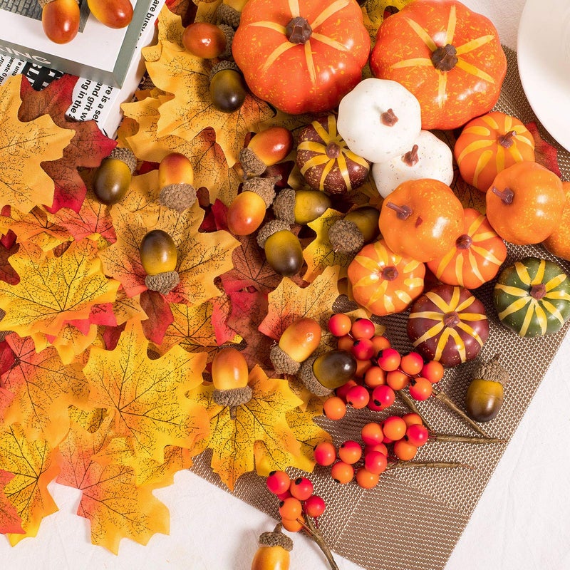 Whaline 160 Pcs Fall Decorations for Home Autumn Artificial Maple Leaves Harvest Pumpkins Gourds Acorns and Orange Berry Stems Set for Thanksgiving Halloween Home Table Decoration Party Backdrop - Image 3