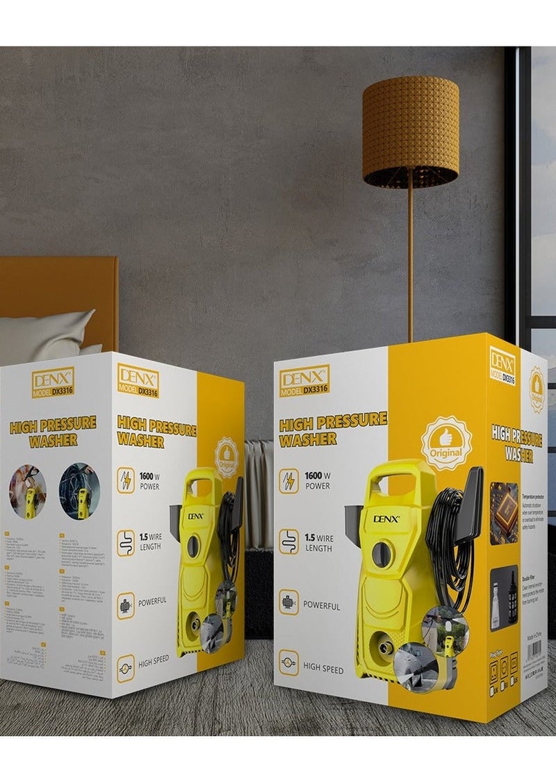 دينكس غسالة ضغط كهربائية محمولة شديدة التحمل. غسالة ضغط بقوة 1600 وات لتنظيف السيارات والمنازل والحدائق مع مسدس تنظيف وخرطوم وموزع صابون وإبرة تنظيف بخرطوم بطول 1.5 متر. - Image 5