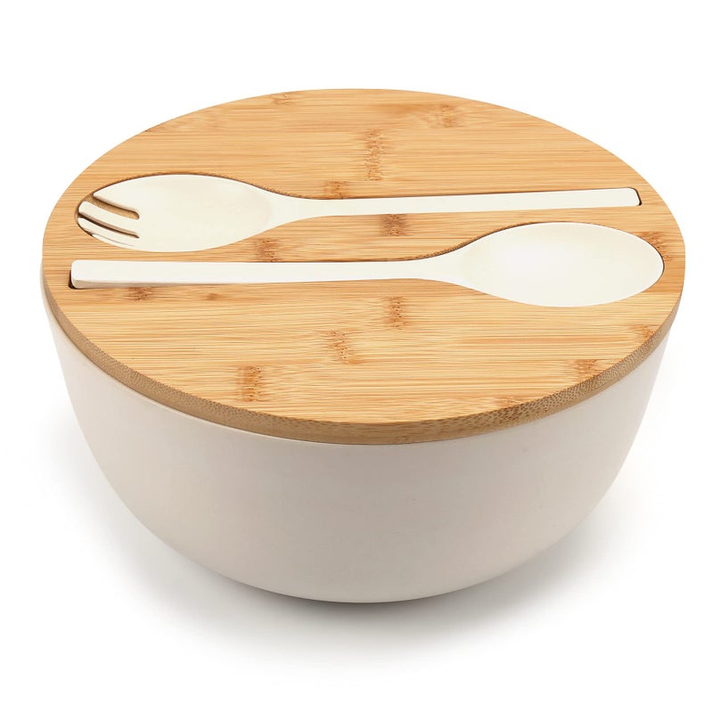 ShineMe Large Salad Bowl with Lid Bamboo Fiber Salad Serving Bowl Set with Utensils 98inches Mixing Bowl with Servers Solid Bamboo Wooden Bowl for Salad Fruits Vegetables and PastaWhite