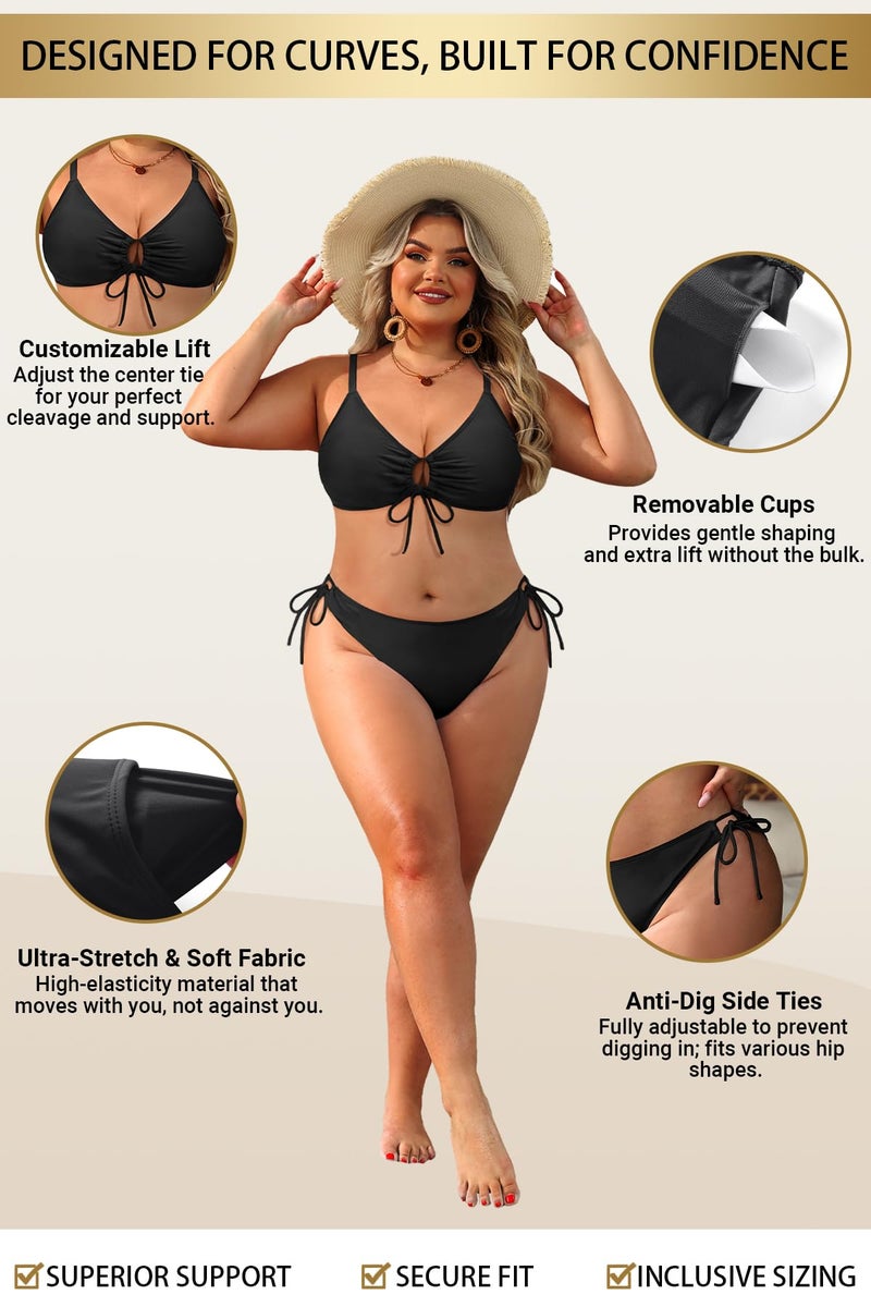 Daci Women's Plus Size Triangle Bikini Set, Sexy Tie Front Two-Piece Swimsuit Black 18 Plus - Image 4
