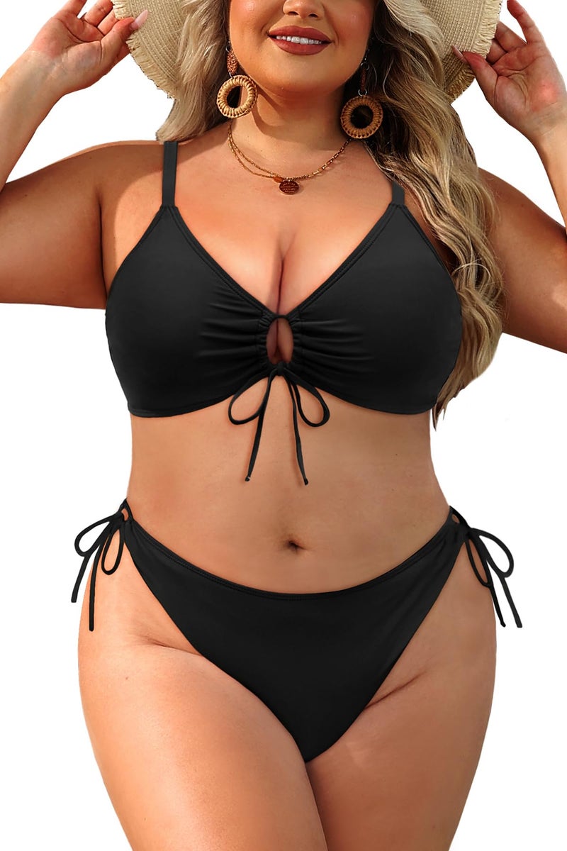 Daci Women's Plus Size Triangle Bikini Set, Sexy Tie Front Two-Piece Swimsuit Black 18 Plus - Image 1