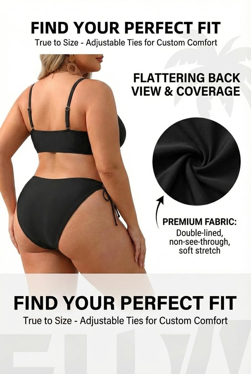 Daci Women's Plus Size Triangle Bikini Set, Sexy Tie Front Two-Piece Swimsuit Black 18 Plus - Image 5