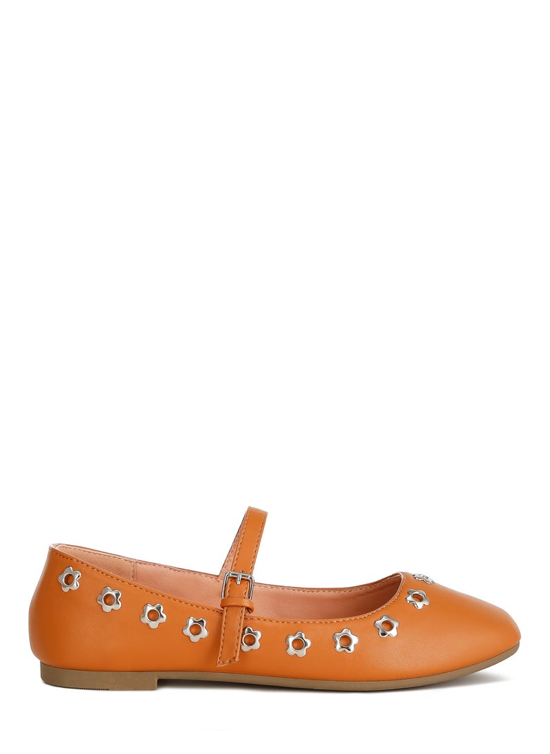 London Rag - Floral Eyelet Strapped Ballerinas in Tan - Image 1