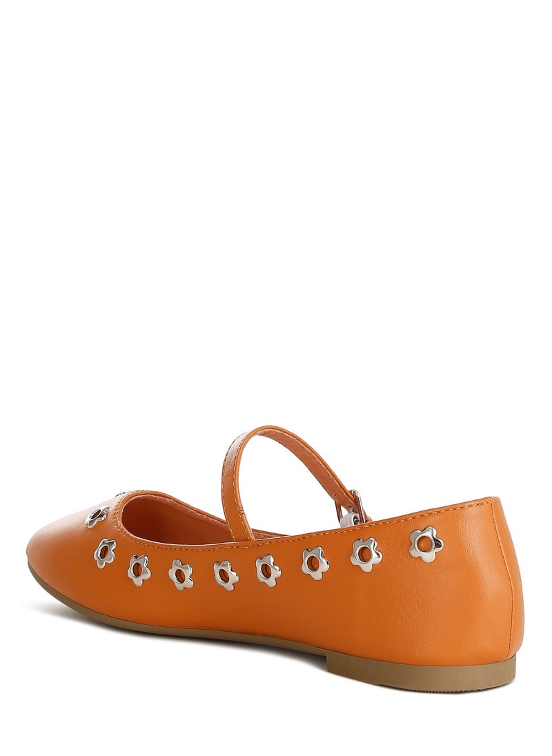 London Rag - Floral Eyelet Strapped Ballerinas in Tan - Image 1