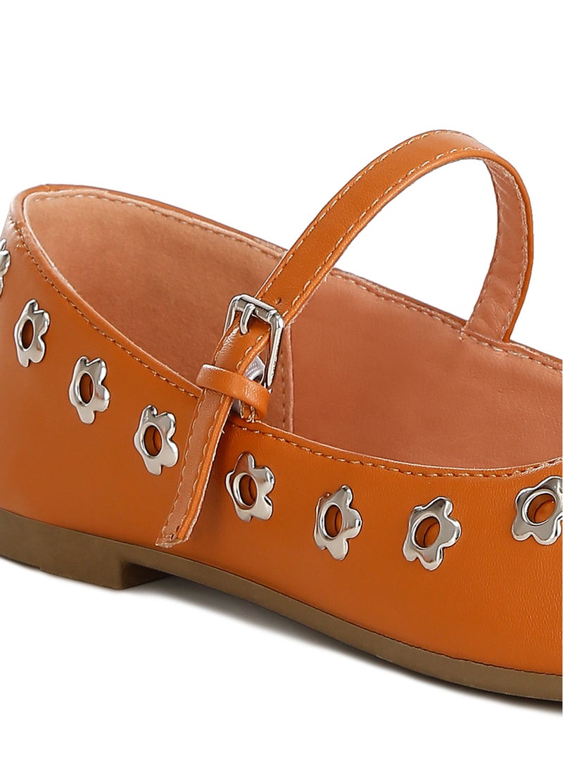 London Rag - Floral Eyelet Strapped Ballerinas in Tan - Image 1