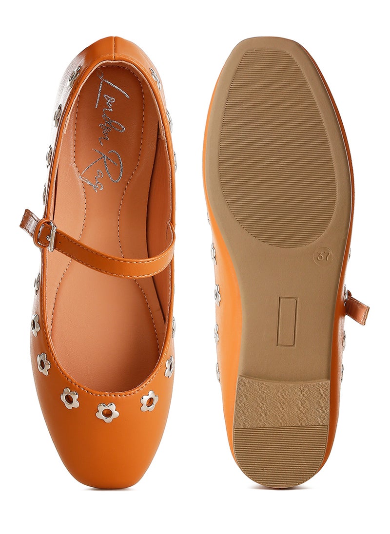 London Rag - Floral Eyelet Strapped Ballerinas in Tan - Image 1