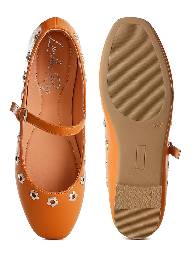 London Rag Floral Eyelet Strapped Ballerinas in Tan