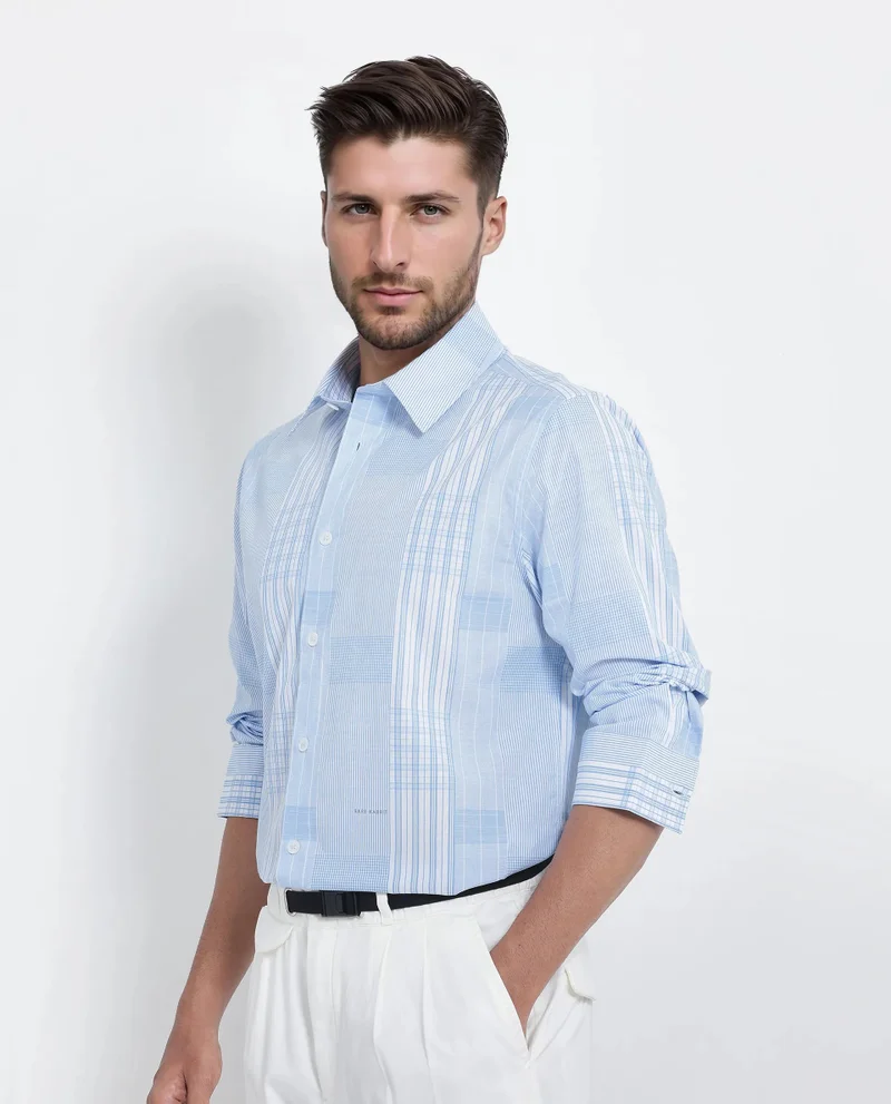 Rare Rabbit Rare Rabbit Men's Lon Light Blue Cotton Fabric Full Sleeve Spread Collar Button Closure Checks Shirt