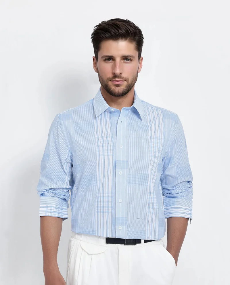 Rare Rabbit Rare Rabbit Men's Lon Light Blue Cotton Fabric Full Sleeve Spread Collar Button Closure Checks Shirt