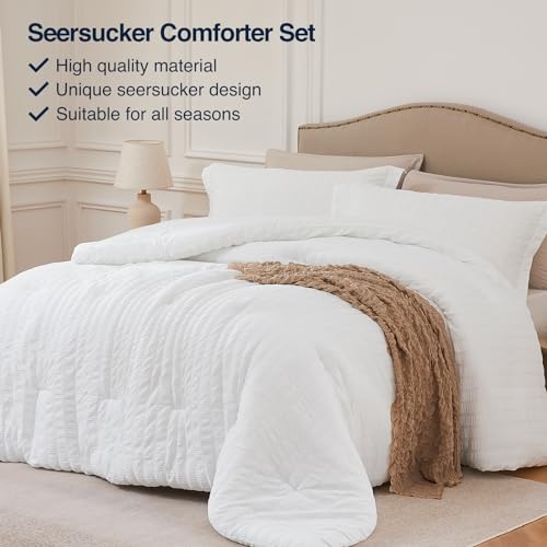 Quataly White Queen Comforter Set - 3 Pieces Seersucker Lightweight Bedding Comforter Sets (1 Soft Fluffy Comforter & 2 Pillowcases) - All Seasons Cozy Modern Bed Sets - Image 2