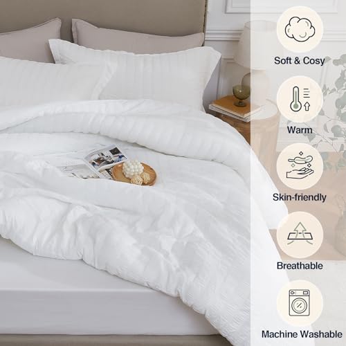 Quataly White Queen Comforter Set - 3 Pieces Seersucker Lightweight Bedding Comforter Sets (1 Soft Fluffy Comforter & 2 Pillowcases) - All Seasons Cozy Modern Bed Sets - Image 4