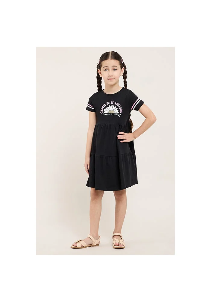 أر أند بي Printed Flared Dress Wit Crew Neck and Short Sleeves
