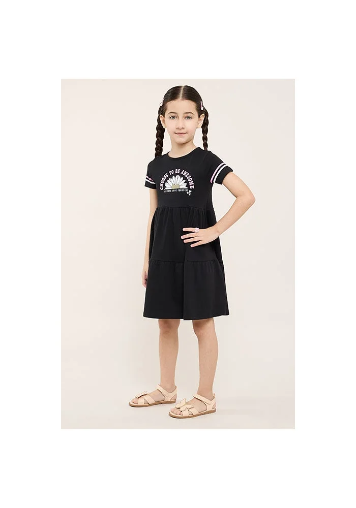 أر أند بي Printed Flared Dress Wit Crew Neck and Short Sleeves