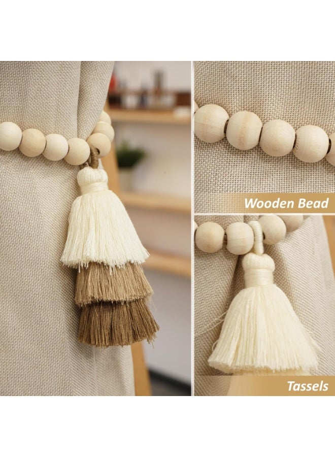Forest Home Magnetic Curtain Tiebacks with Wood Beads, Boho Rope Drapery Holdbacks with Triple Tassels, No Drill Curtain Holders for Farmhouse Bedroom, Living Room or Nursery, 2 Pack, Beige Taupe Brown - Image 4