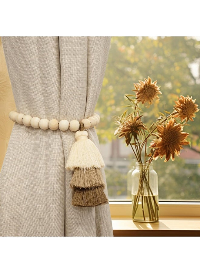 Forest Home Magnetic Curtain Tiebacks with Wood Beads, Boho Rope Drapery Holdbacks with Triple Tassels, No Drill Curtain Holders for Farmhouse Bedroom, Living Room or Nursery, 2 Pack, Beige Taupe Brown - Image 5