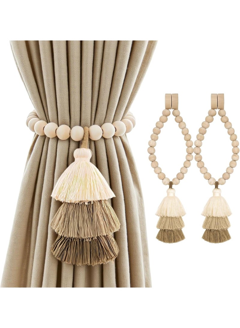 Forest Home Magnetic Curtain Tiebacks with Wood Beads, Boho Rope Drapery Holdbacks with Triple Tassels, No Drill Curtain Holders for Farmhouse Bedroom, Living Room or Nursery, 2 Pack, Beige Taupe Brown - Image 1