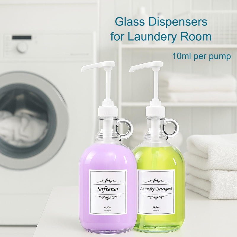 2 Pack Laundry Detergent Dispenser with Pump and Lid, 64 Oz Glass Bottles for Laundry Room Organization and Storage, Fabric Softener Dispenser for Washer - Image 2