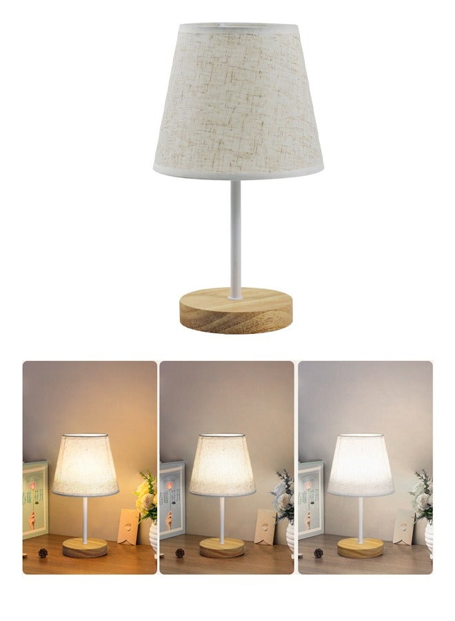 LED Three-Color Bedroom Table Lamp USB Bedside Wooden Lamp Night Light With round Fabric Lampshade Suitable For Home Bedroom Living Room Office
