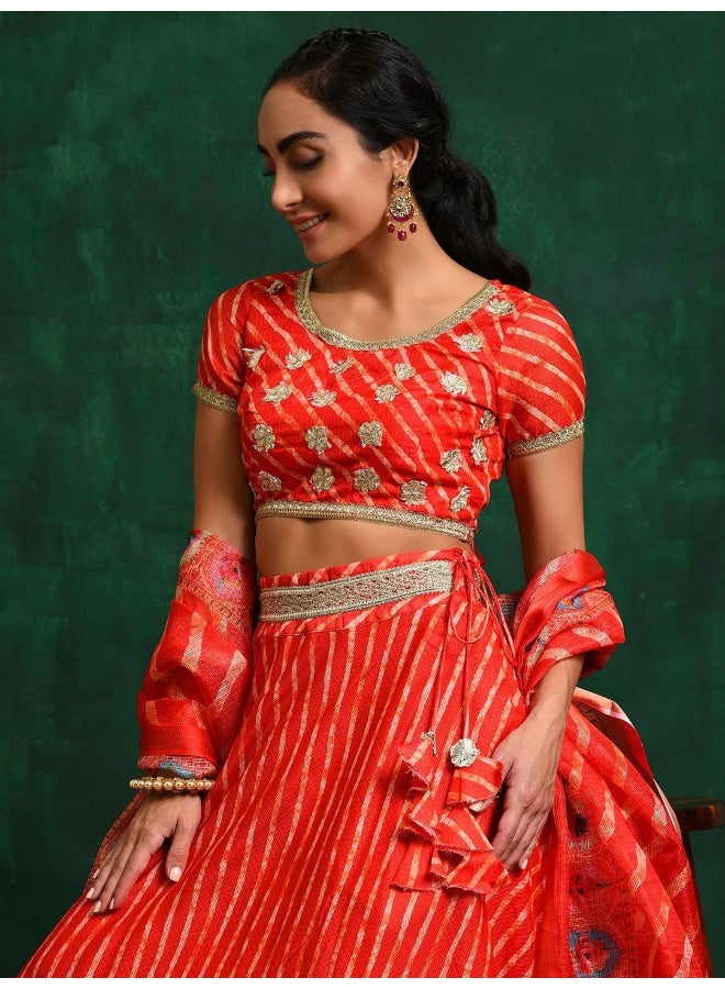 AKS Red Leheriya Kota Doria Lehenga Choli  - Image 1