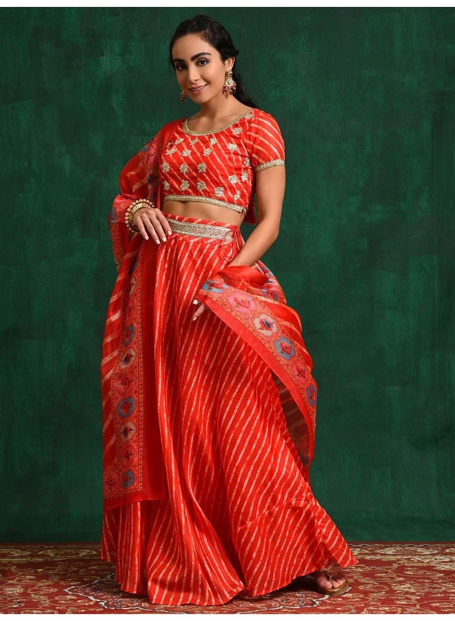 AKS Red Leheriya Kota Doria Lehenga Choli  - Image 2