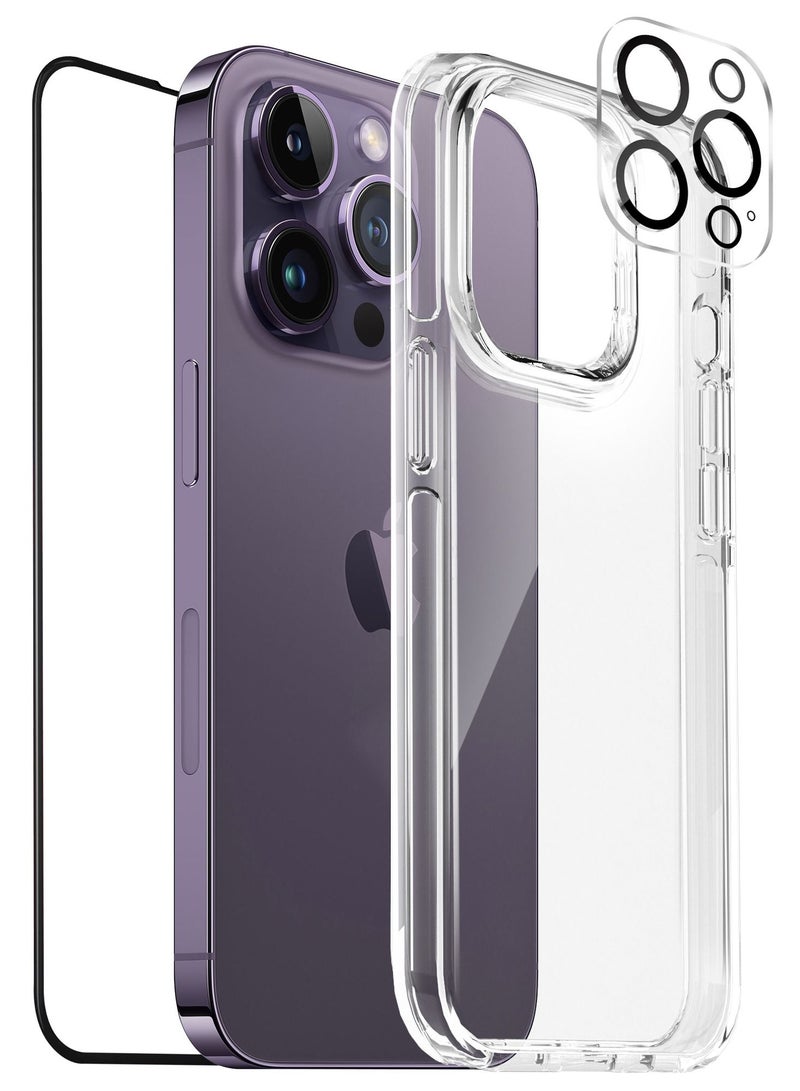 Moxedo 3 in 1 Protection Pack, Tempered Glass Screen Protector, Clear Case and Camera Lens Protector for iPhone 14 Pro Max