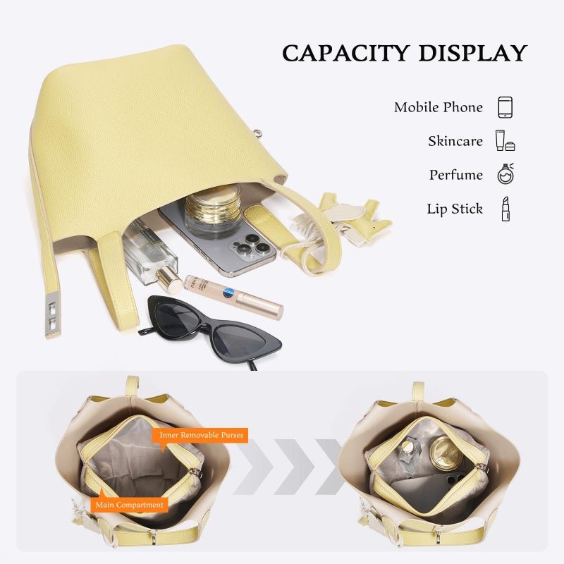 Kadynow Tote Bag for Women Vegan Leather Bucket Purse for Women Top Handle Handbag Shoulder Bag with Detachable Small Purse Yellow - Image 4