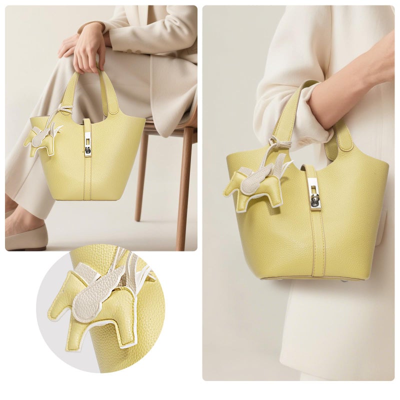 Kadynow Tote Bag for Women Vegan Leather Bucket Purse for Women Top Handle Handbag Shoulder Bag with Detachable Small Purse Yellow - Image 3