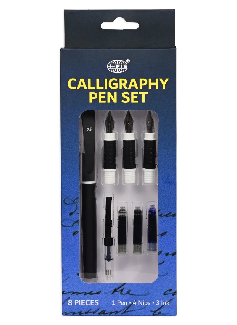FIS FIS Calligraphy Pen Set of 8 Pieces with 4 Stainless Steel Nibs, 3 Inks (2 Black,1 Blue) Cartridges, 1 Pen Barrel, 1 Extra Ink Tank-FSCQ01  - Image 1