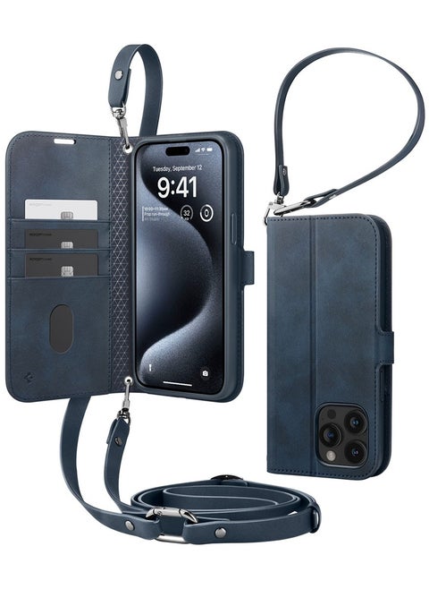 Wallet S Pro for iPhone 15 Pro MAX Case Cover Premium Leather with Wrist Strap/Body Strap - Navy
