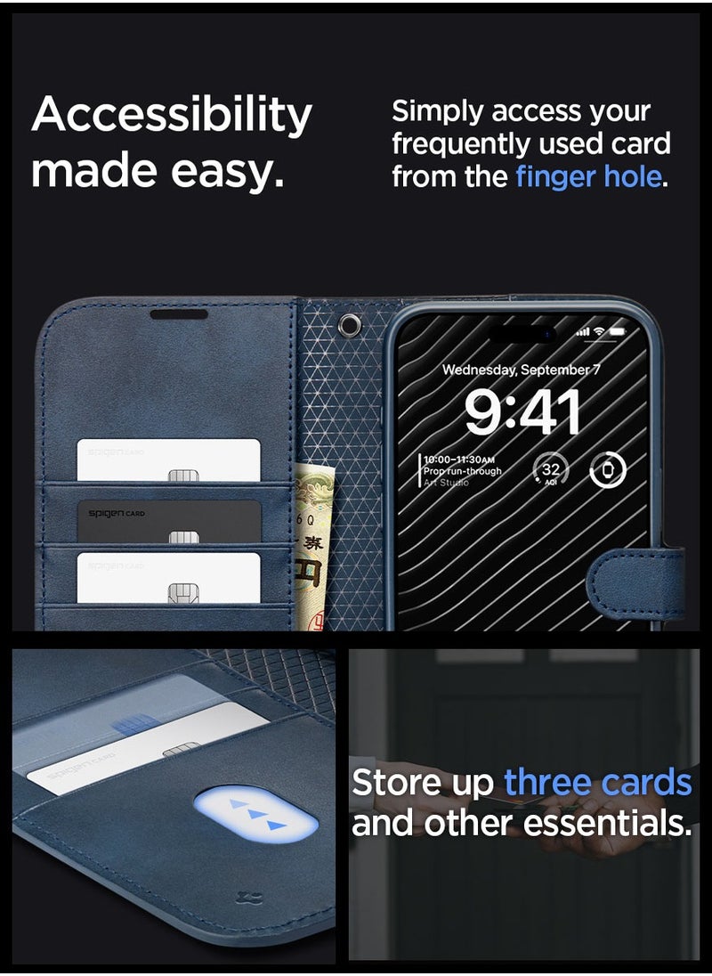 Spigen - Wallet S Pro for iPhone 15 Pro MAX Case Cover Premium Leather with Wrist Strap/Body Strap - Navy - Image 1