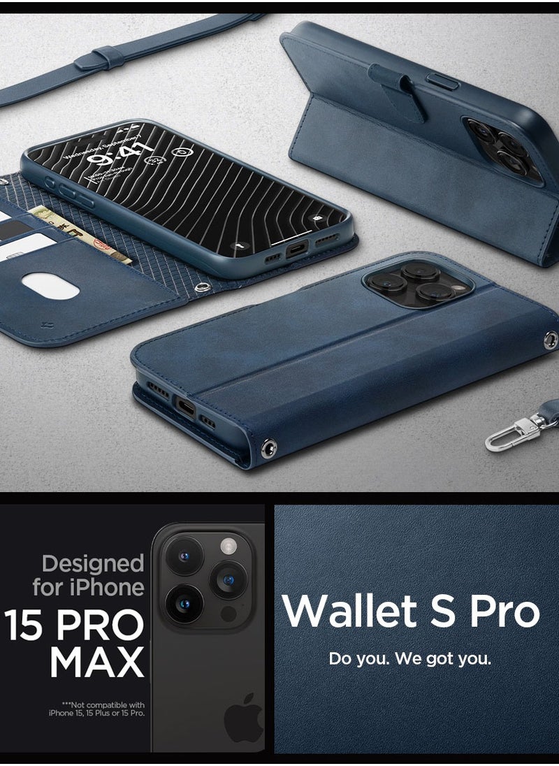 Spigen - Wallet S Pro for iPhone 15 Pro MAX Case Cover Premium Leather with Wrist Strap/Body Strap - Navy - Image 1