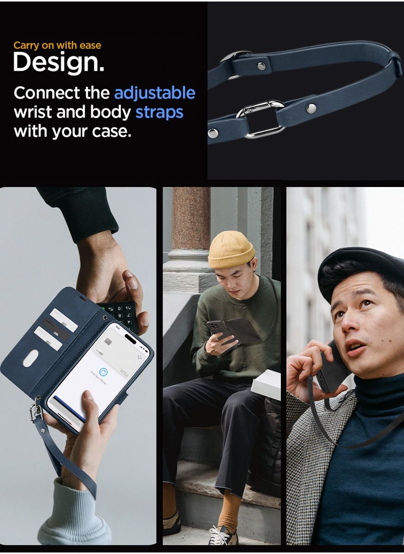Spigen - Wallet S Pro for iPhone 15 Pro MAX Case Cover Premium Leather with Wrist Strap/Body Strap - Navy - Image 1