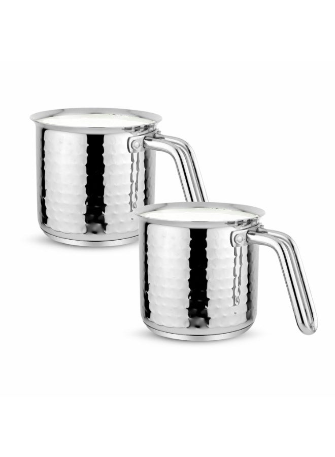 Prabha Stainless Steel Milk Pot with Handle 14cm 1.8 Litre Set of 2| Hammered Milk Boiler, Tea Container Water Boiling | Coffee/Milk Warmer, Even & Faster Heating | Induction & Gas Stovey - Image 1