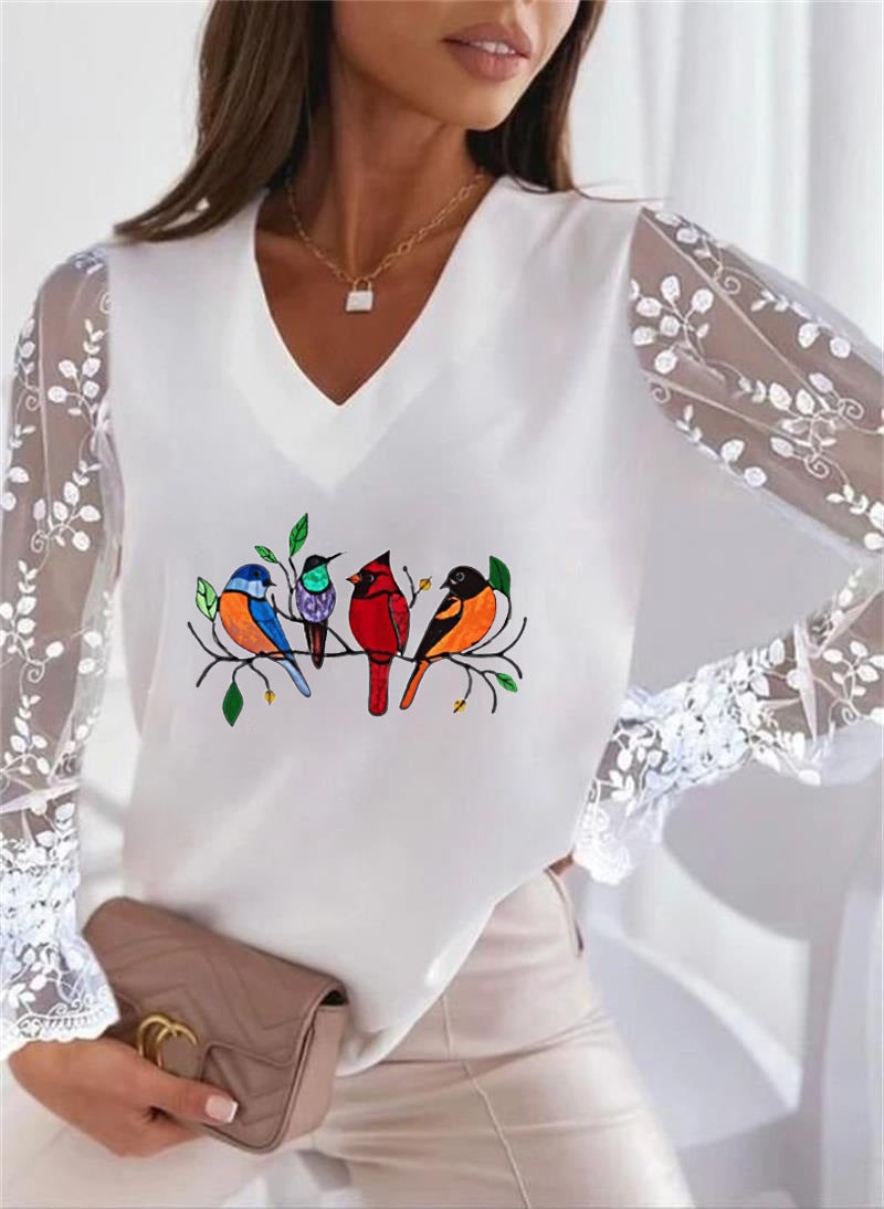 Product Recommendation Wish Bird Print V Neck Lace Sleeve Women's T-Shirt Bottoming Shirt - Image 1