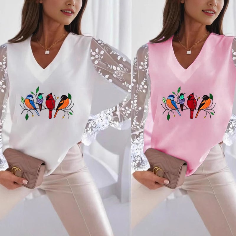 Product Recommendation Wish Bird Print V Neck Lace Sleeve Women's T-Shirt Bottoming Shirt - Image 2