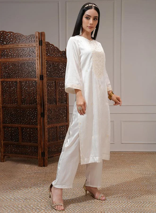 Vishudh Women White Embroidered Kurta Set by Styli
