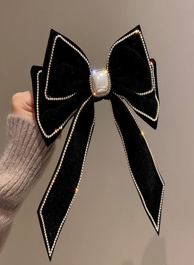 Jumwrit Big Hair Bow Rhinestone Pearl Hair Barrette Clip Vintage Velvet Hair Bowknot with Long Tail Strong Hold Solid Color Hair Bow Clip Fashion Hair Accessories for Women Girls(Black) - Image 4