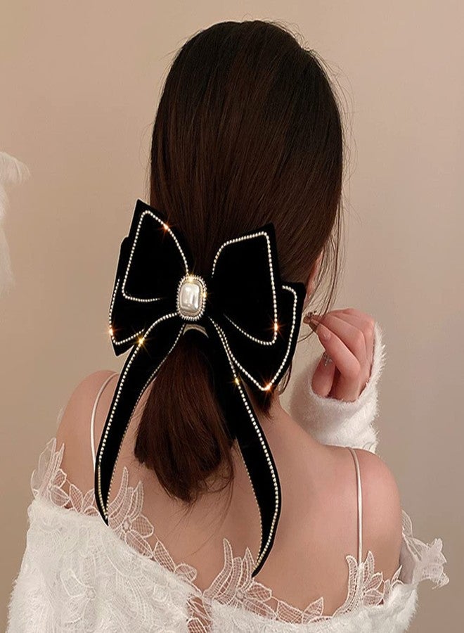 Jumwrit Big Hair Bow Rhinestone Pearl Hair Barrette Clip Vintage Velvet Hair Bowknot with Long Tail Strong Hold Solid Color Hair Bow Clip Fashion Hair Accessories for Women Girls(Black) - Image 3
