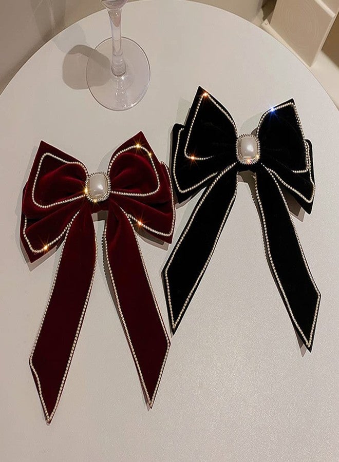 Jumwrit Big Hair Bow Rhinestone Pearl Hair Barrette Clip Vintage Velvet Hair Bowknot with Long Tail Strong Hold Solid Color Hair Bow Clip Fashion Hair Accessories for Women Girls(Black) - Image 5