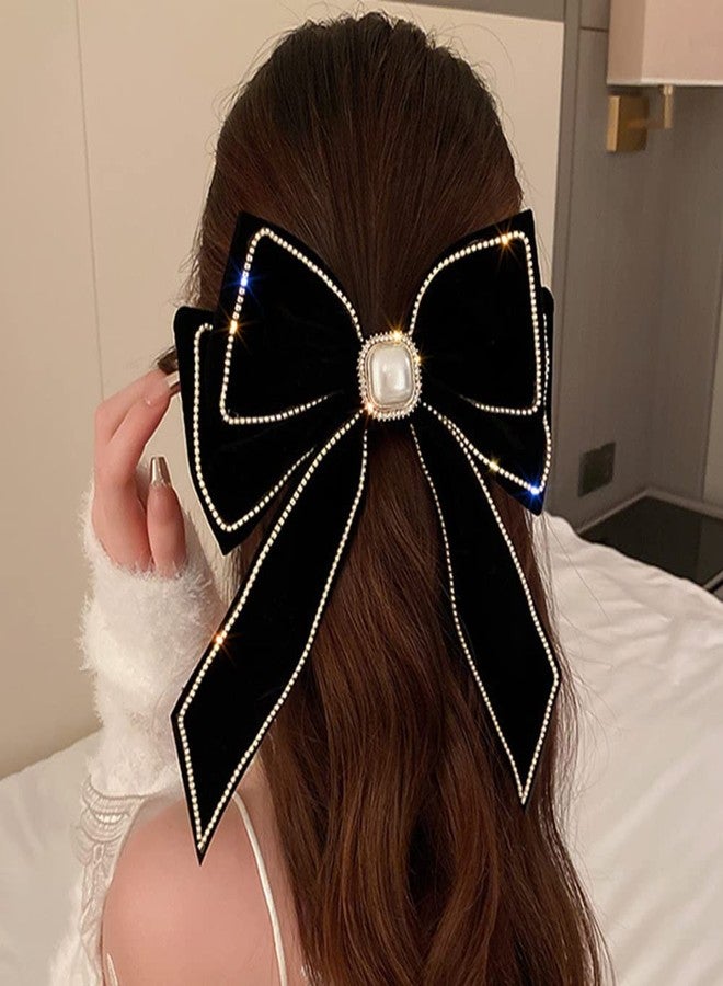 Jumwrit Big Hair Bow Rhinestone Pearl Hair Barrette Clip Vintage Velvet Hair Bowknot with Long Tail Strong Hold Solid Color Hair Bow Clip Fashion Hair Accessories for Women Girls(Black) - Image 1