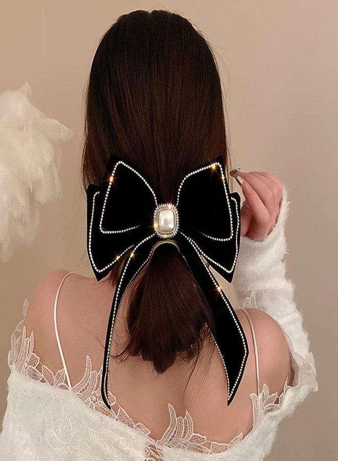Jumwrit Big Hair Bow Rhinestone Pearl Hair Barrette Clip Vintage Velvet Hair Bowknot with Long Tail Strong Hold Solid Color Hair Bow Clip Fashion Hair Accessories for Women Girls(Black) - Image 2
