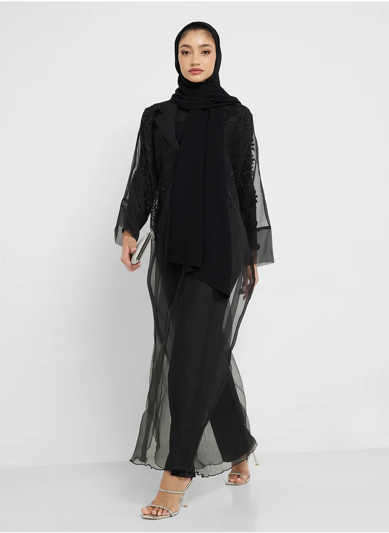 hayas closet V-Neck Embellished Mesh Abaya