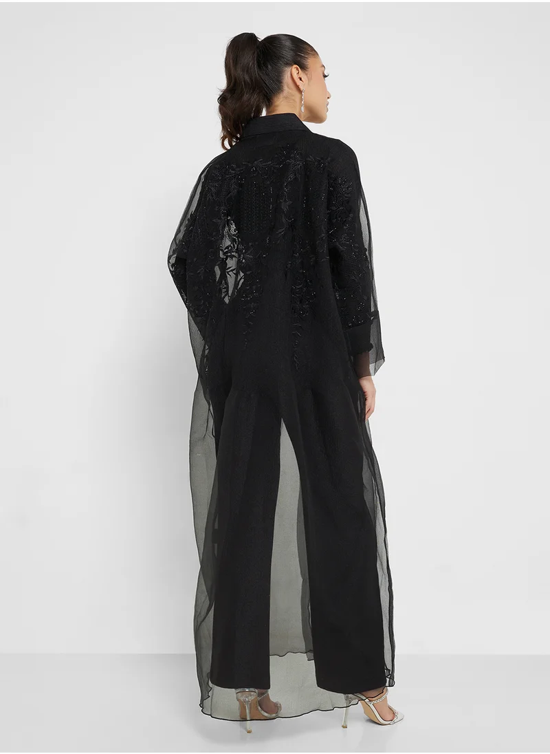 hayas closet V-Neck Embellished Mesh Abaya